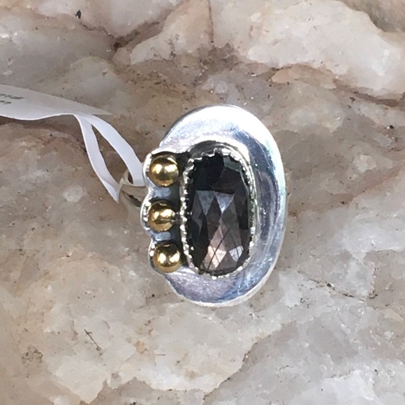 FACETED BLACK SAPPHIRE two tone sterling ring 6.5 - Picture 7 of 7